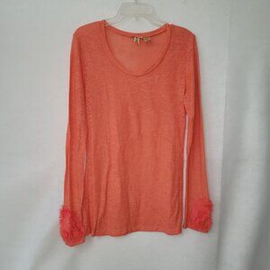 BKE Shirt Womens L Coral Orange Long‎ Sleeve Rose Embellished Cuffs Eased Fit